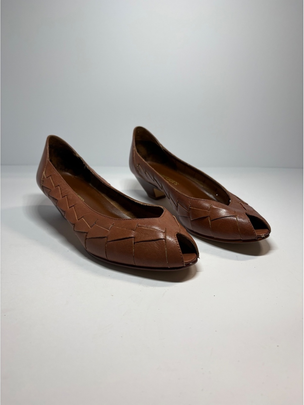 Vintage Sugarfoots Brown Leather Woven Peep Toe Pumps Women’s 7.5 M Brazil